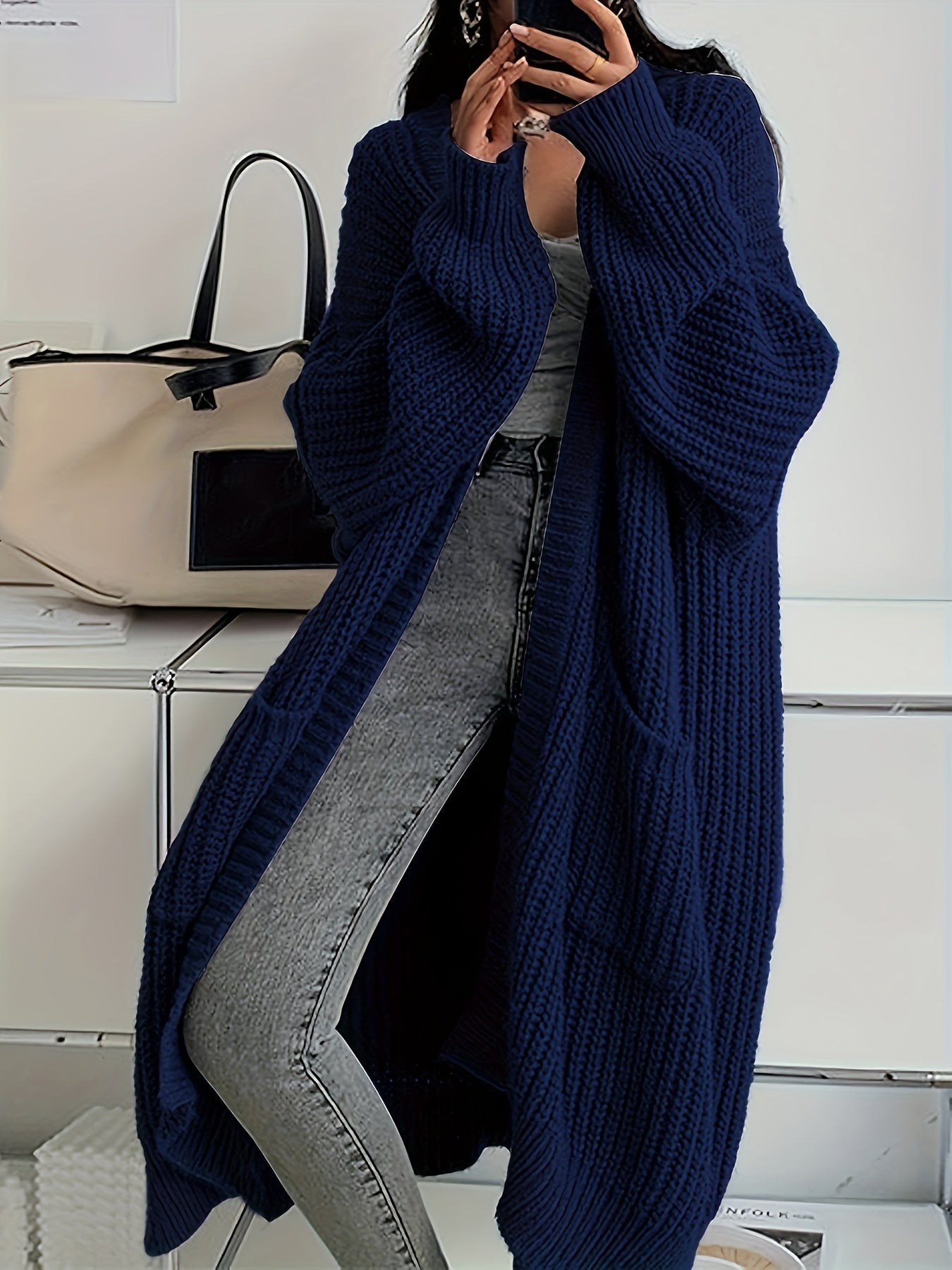 Solid Open Front Cardigan, Casual Long Sleeve Drop Shoulder Long Length Outwear, Women's Clothing