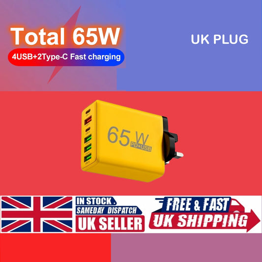 Total 65W 6 in 1 4 USB 2 Type C Quick Charging Fast Wall Charger For iPhone Samsung Xiaomi Huawei Oppo Mobile Phone Adapter